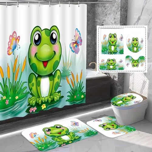 Juego de 4 cortinas de ducha con diseño de rana divertida color verde con tapete de baño, diseño de rana en hojas, tapete de baño para niños, tapete