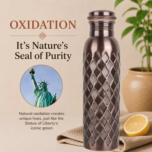 Miniatura 5 de Botella de agua de cobre real de 34 onzas, extra grande, botella de cobre puro para agua potable, botella ayurvédica de diamante antiguo, tapa a