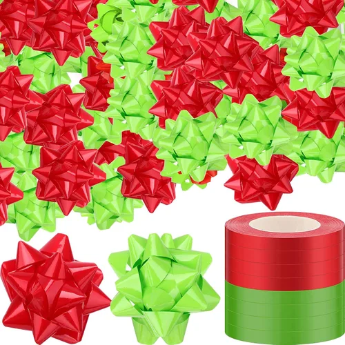 Riceshoot 48 lazos de regalo autoadhesivos de Navidad con 8 rollos de cintas rizadoras de 3 pulgadas, lazos metálicos de Navidad para regalo de verde
