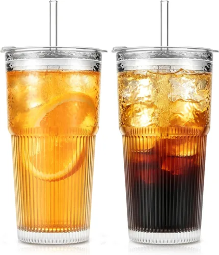 Miniatura 19 de SoulTimes Vaso de vidrio de flor de begonia de 20 onzas con tapas y popotes, 2 tazas de vidrio para café helado para batidos, matcha, jugo, agua