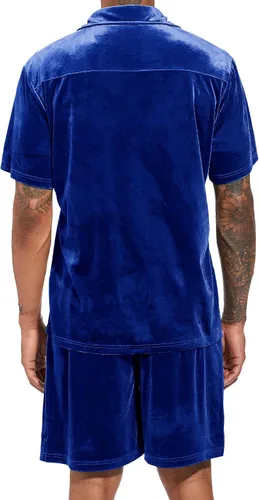 Miniatura 3 de LecGee Conjuntos de Pantalones Cortos Casuales de Verano para Hombres Camisa de Terciopelo de Manga Corta con Botones Pantalones Cortos de Cintura