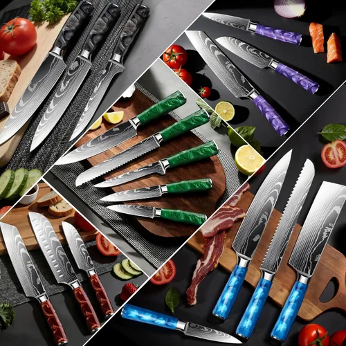Miniatura 8 de Juego de 10 cuchillos de cocina japoneses de alta calidad, colección Imperial, patrón láser de damasco, acero inoxidable 440A ultra afilado