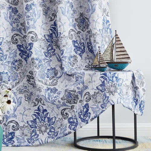 Miniatura 6 de Metro Parlor Cortinas Opacas 100% con Patrón Floral de Damasco Azul Gris de 63 Pulgadas de Largo, 2 Paneles para Sala de Estar, Dormitorio