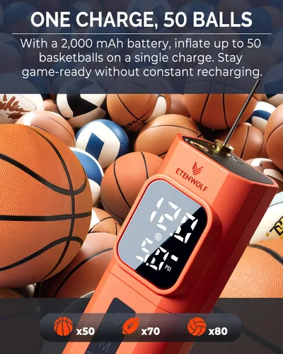 Miniatura 5 de ETENWOLF P200 Electric Ball Pump 2000mAh Sports Air Pump with Digital Pressure Gauge, Fast Inflation & Deflation for Basketball Soccer Volleyball
