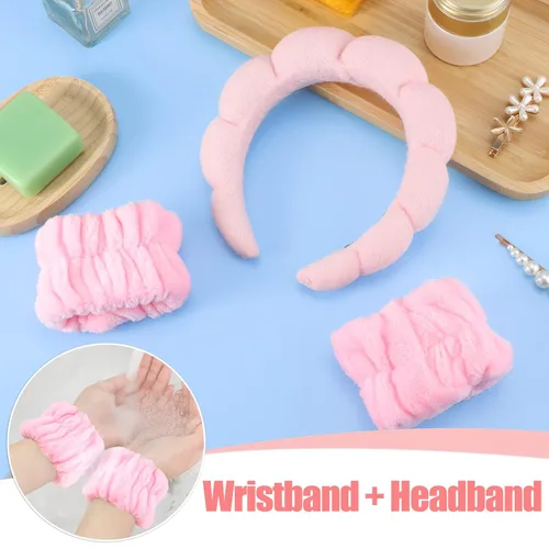 Miniatura 6 de WSICSE Diadema de esponja rosa para lavar la cara, diademas para el cuidado de la piel acolchadas para mantener el cabello seco, prepárate