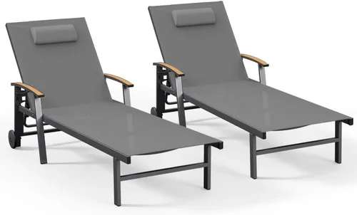 Miniatura 50 de Ciokea Sillón para exteriores con almohada, tumbona de aluminio de 5 posiciones con ruedas y reposabrazos, silla de piscina resistente de 400 libras
