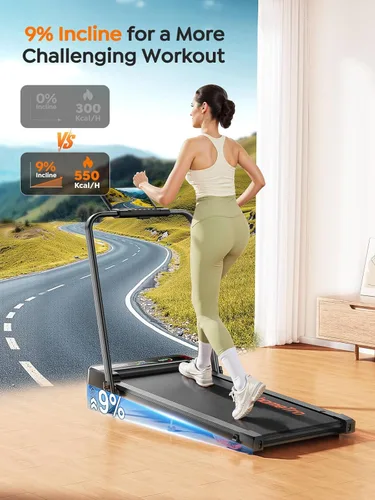 Miniatura 7 de Walking Pad Treadmill with 9% Incline & Dual LED Display, 4 in 1 Foldable Treadmill with Handle bar for Home/Office, 3.5HP Portable Under Desk