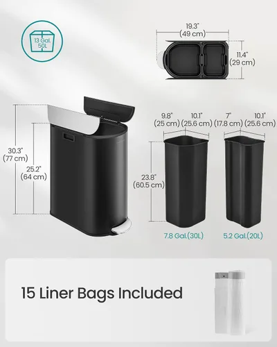 Miniatura 7 de SONGMICS Bote de basura doble de cocina de 13 galones, compartimentos de 5.3 y 8 galones, bote de basura con tapas de ala, acero inoxidable, cierre