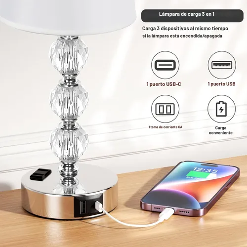 Miniatura 3 de Lámpara de mesa, de cristal, regulable de 3 vías, con 2 puertos de carga USB, de 17.7 pulgadas de alto con moderna pantalla, lámpara de cama
