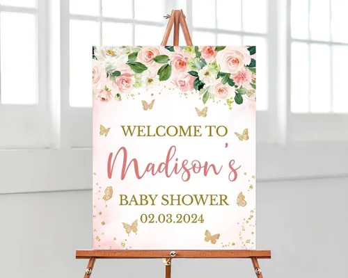 Miniatura 13 de Cartel de bienvenida de baby shower, cartel de bienvenida editable con texto en inglés "It's a Girl Woodland", letrero de bienvenida de baby shower