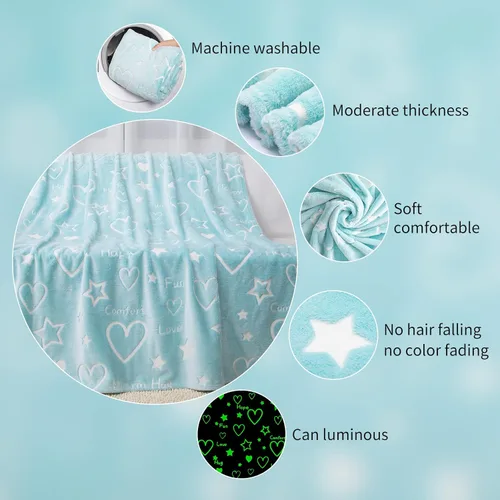 Miniatura 5 de Manta que brilla en la oscuridad con corazones y estrellas, regalos para niñas, mujeres y mamás, manta azul suave y cálida para niñas, regalos