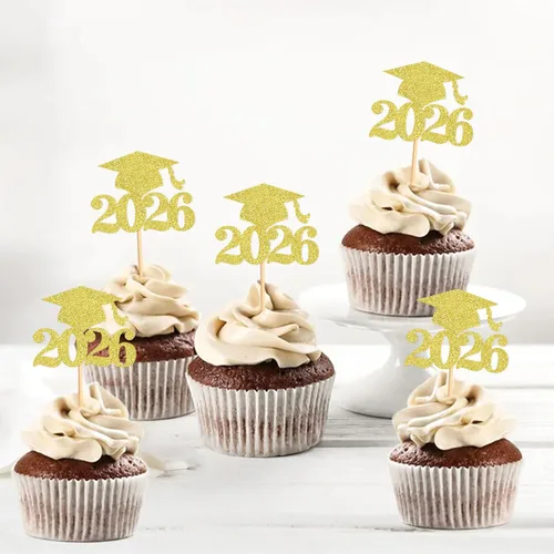 Miniatura 6 de Ercadio 36 piezas de tapa de graduación dorada con purpurina 2026 para magdalenas de clase de 2026, para preescolar, escuela secundaria, diploma