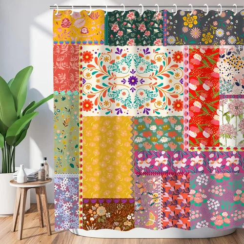 Metawu Juego de cortinas de ducha estilo bohemio, estilo bohemio, vintage, con costuras coloridas, tela floral, lavable, impermeable, accesorios de