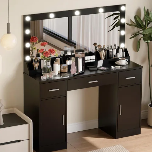 Miniatura 3 de MIRROTOWEL Escritorio de tocador de 47.5 pulgadas con espejo grande, 3 modos de iluminación de color, brillo ajustable, cómoda con 3 cajones y 2