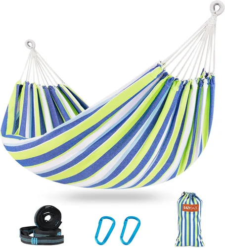 Miniatura 16 de Lazy Daze Hammocks Hamaca doble brasileña de algodón, extra grande, portátil, para acampar al aire libre, con correas para árboles y bolsa de viaje