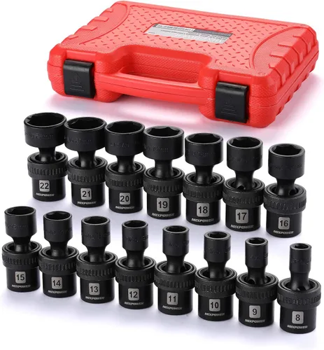 MIXPOWER juego de 15 piezas de enchufes de impacto universales de 3/8" de profundidad, 6 puntos, métrico, 8-22mm, CR-MO, enchufe giratorio con