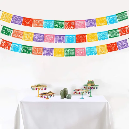 Miniatura 7 de Paquete de 3 pancartas mexicanas, 66 pies (22 pies x 3), pancartas grandes de plástico mexicanas para fiesta de Cinco de Mayo, decoraciones