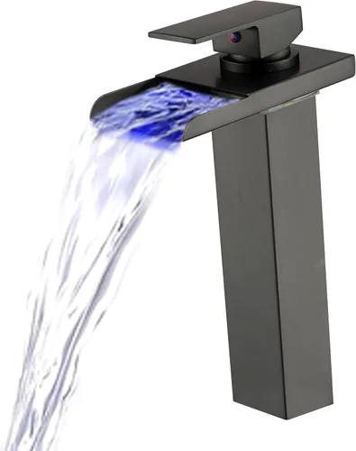 Grifo de baño LED gris plomizo, cascada de baño, grifo alto para fregadero de 1 agujero, mango único, latón con mangueras de suministro de agua,