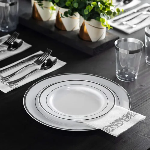 Miniatura 4 de Juego de vajilla plateada de 125 piezas, 50 platos de plástico con borde plateado, 25 platos de cena, 25 platos de postre, 25 cuchillos, 25