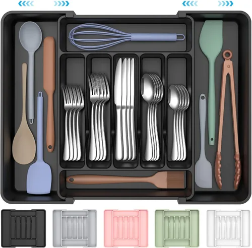 ukeetap Organizador de cubiertos expandible extragrande, sin BPA, apto para alimentos, organizador de cajones de utensilios de cocina, soporte Negro