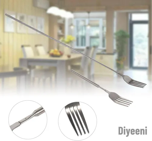 Miniatura 6 de Tenedor de cena de acero inoxidable, barbacoa telescópica extensible cena fruta postre mango largo tenedor cubiertos de acero inoxidable, anti