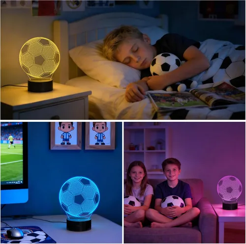 Miniatura 4 de FULLOSUN Luz nocturna para niños, fútbol, lámpara de ilusión óptica 3D con control remoto, 16 colores cambiantes, fútbol, cumpleaños, Navidad, día