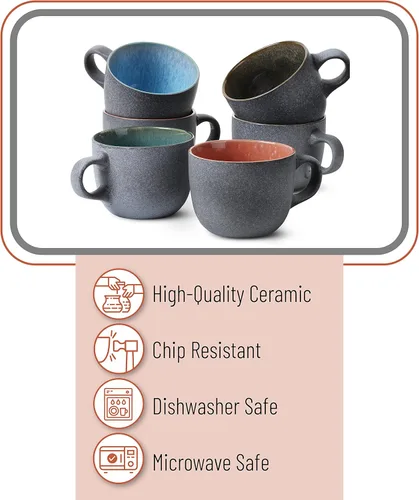 Miniatura 4 de BTAT - Juego de tazas de café de porcelana, 14 onzas (14.0 fl oz), paquete de 6, tazas de café de cerámica, negro mate exterior y colorido