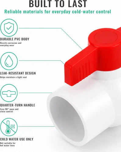 Miniatura 8 de Válvula de bola de PVC de 1/2 pulgada, paquete de 6, válvula de cierre de PVC de 1/2 pulgada con mango en T rojo, válvula de agua de PVC para líneas