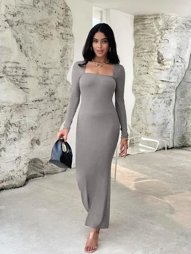 Miniatura 3 de Vestidos ajustados para mujer, con cuello cuadrado, manga larga, suave, acanalado, ajustado, 2023