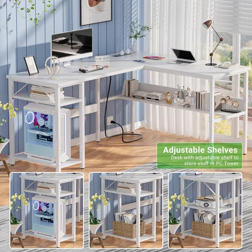 Miniatura 7 de Unikito Escritorio reversible para computadora en forma de L con tomas de corriente mágicas y puertos de carga USB, escritorio esquinero resistente