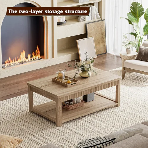 Miniatura 6 de Homkdom Mesa de café, mesas de café modernas de 39 pulgadas para sala de estar con almacenamiento de 2 niveles y borde ondulado, mesa central