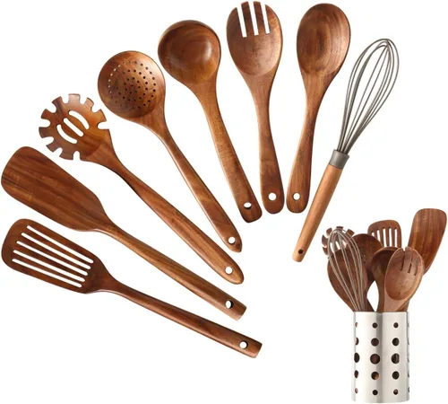 Miniatura 9 de Juego de 6 utensilios de cocina de madera con soporte, utensilios de cocina de teca natural, resistentes al calor, antiadherentes, con agujero