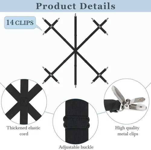 Miniatura 5 de Mkono Correas de cama ajustables para sábanas que mantienen las sábanas firmes y apretadas en 6 direcciones cruzadas con 14 clips, tirantes