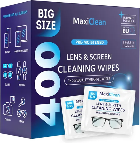 Toallitas limpiadoras de lentes – Toallitas para lentes – 400 toallitas prehumedecidas envueltas individualmente para gafas, electrónica, teléfono,