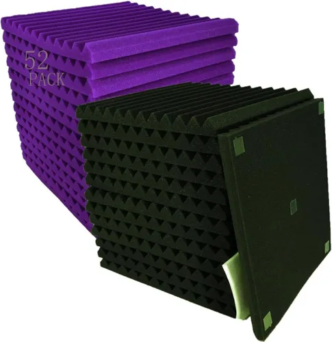 Paquete de 52 paneles de pared de espuma acústica en cuña morado negro de 1" x 12" x 12" con absorción de sonido Púrpura/Negro