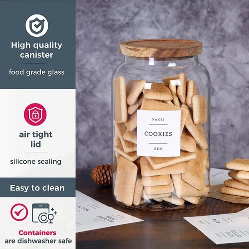 Miniatura 4 de Tarro grande de vidrio para galletas de 1 galón con tapas herméticas de acacia, contenedores de almacenamiento de alimentos grandes gruesos con 42