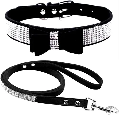 Miniatura 30 de Conjunto de Collar y Correa para Mascotas, Bonito y Deslumbrante de Ante Suave con Diamantes de Imitación de Cristal, Collar y Correa para Gatos