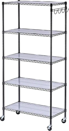 Alera Kit de estantería de alambre de 5 estantes con ruedas y revestimientos para estantes, 36 pulgadas de ancho x 18 pulgadas de profundidad x 72