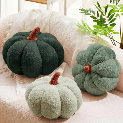 Miniatura 12 de Juexica 3 almohadas de calabaza de peluche esponjosas en 3D con forma de calabaza decoración de otoño, Acción de Gracias, Halloween, cojín de marrón
