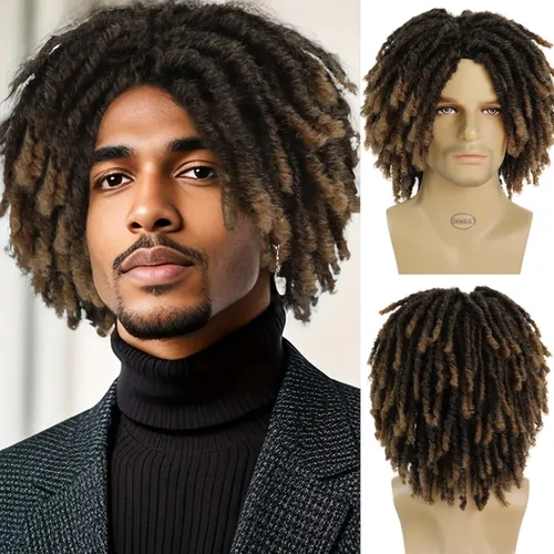 GNIMEGIL Peluca de rastas cortas de 14 pulgadas para hombre, estilo afro bob, ombré, color marrón claro, cabello trenzado de ganchillo, pelucas de