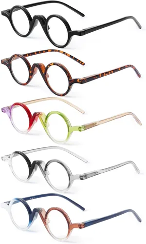 Miniatura 7 de JM Paquete de 5 lentes de lectura redondos para mujeres y hombres, vintage, con bloqueo de luz azul, pequeños lectores de computadora con bisagras
