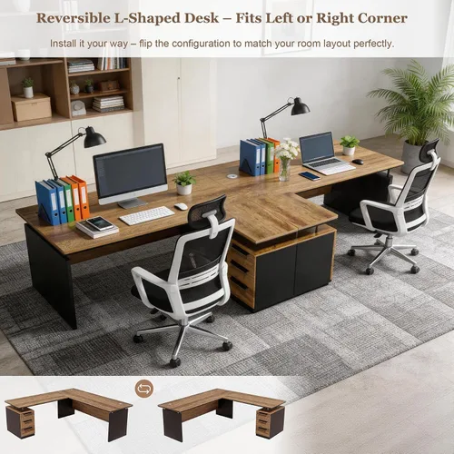 Miniatura 3 de Escritorio ejecutivo en forma de L de 63 pulgadas, escritorio industrial moderno de oficina de madera con cajones de bloqueo, gestión de cables