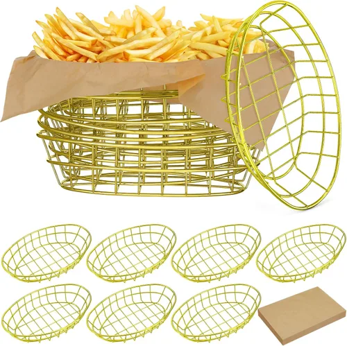 Miniatura 7 de Hushee 12 cestas de pan de alambre a granel de 9.5 x 6.2 x 2.2 pulgadas, cestas ovaladas de metal para mesa servir fruteros con 50 forros de papel a
