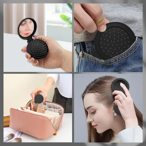 Miniatura 7 de Mini cepillo de bolsillo plegable negro vintage con espejo y peine para bolso