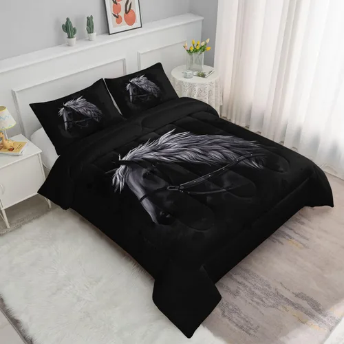 Miniatura 2 de Datura home - Juego de ropa de cama con edredón estampado de caballo negro, patrón de caballo oscuro, juego de ropa de cama con funda de edredón