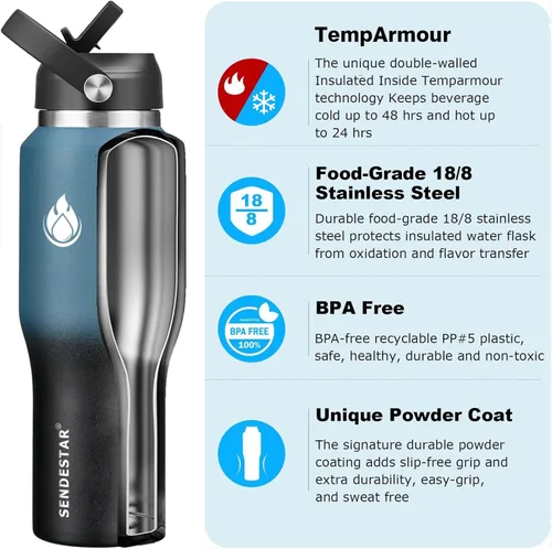Miniatura 2 de SENDESTAR Botella de agua de acero inoxidable de 40 onzas (fría durante 48 horas, caliente durante 24 horas), botella aislada al vacío de doble Azul