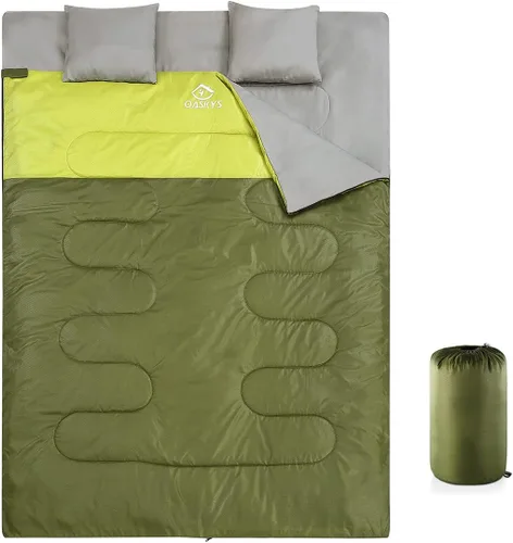 oaskys Saco de dormir doble para adultos con 2 almohadas – Saco de dormir impermeable tamaño Queen XL para todas las estaciones, camping, Oliva