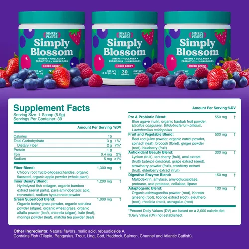 Miniatura 2 de Simply Blossom Nutrition - Verduras diarias y superalimentos en polvo + colágeno + probióticos para la salud digestiva de las mujeres y alivio
