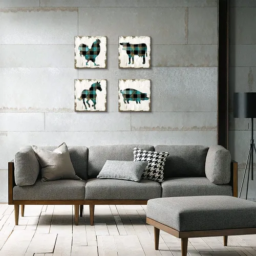 Miniatura 5 de SEVEN WALL ARTS 4 piezas de arte familiar retro de granja de moda, gallo de vaca, caballo y cerdo, impresiones de animales vintage, pintura verde