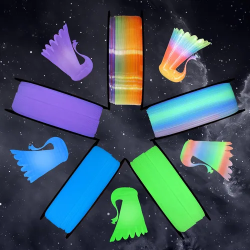 Miniatura 2 de Paquete de filamento PLA para impresión 3D 5 en 1: verde que brilla en la oscuridad, azul, púrpura y arco iris, multicolor, 0.55 libras por carrete